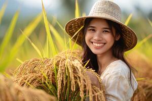 AI generated Female thai farmer harvesting rice photo