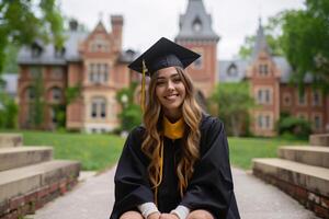 AI generated College graduate student sitting in front of university building photo