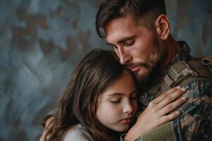 AI generated Soldier hugging his daughter photo