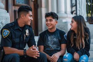 AI generated Happy hispanic police officer talking to teenager photo