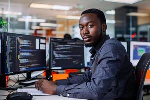 AI generated African american programmer sitting near computer monitor photo