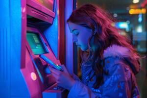 AI generated Young girl using smartphone near ATM photo