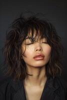 AI generated Beautiful asian woman with shaggy hair photo