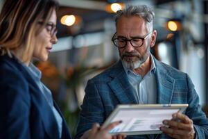 AI generated Businessman discussing work using tablet in office photo