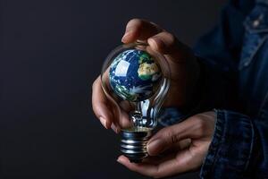 AI generated Hand holding planet earth inside light bulb photo