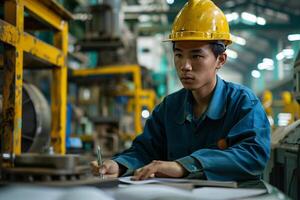 ai generado asiático masculino ingeniero trabajando en fábrica foto