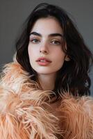 AI generated Beautiful woman wearing peach fuzz fur coat photo