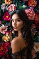 AI generated Hispanic woman posing in front of flower wall photo