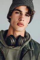 AI generated Handsome man wearing beanie and headphone photo