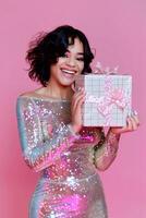 AI generated Woman wearing sparkling dress holding gift box photo