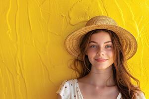AI generated Young girl wearing straw hat in front of yellow wall photo