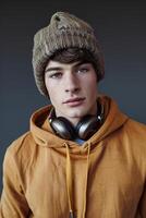 AI generated Young man wearing beanie and headphone photo