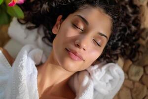 AI generated Mixed race woman wearing bath robe relaxing in spa photo