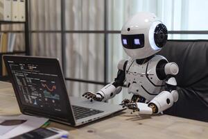 AI generated Robot using laptop for analysing business data photo
