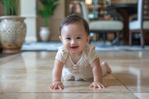 ai generado asiático bebé gateando en el piso foto