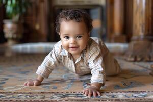 AI generated Curious baby crawling on the floor photo