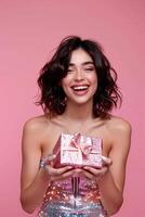 AI generated Young woman wearing sparkling dress holding gift box photo