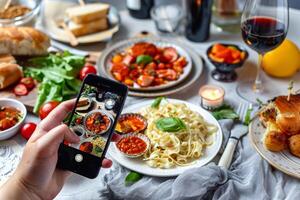 ai generado mano tomando imagen de comida para social medios de comunicación foto