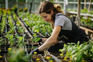 AI generated Woman planting leaf in garden photo