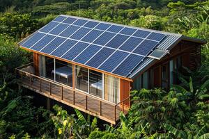 AI generated Solar panel on roof of wooden house photo