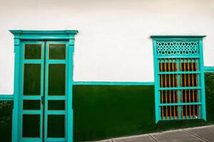 Beautiful facade of the houses at the historical downtown of the heritage town of Salamina located at the Caldas department in Colombia. photo