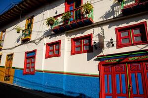 Beautiful facade of the houses at the historical downtown of the heritage town of Salamina located at the Caldas department in Colombia. photo