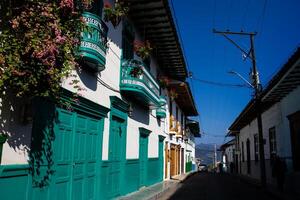 Beautiful facade of the houses at the historical downtown of the heritage town of Salamina located at the Caldas department in Colombia. photo