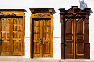 Beautiful facade of the houses at the historical downtown of the heritage town of Salamina located at the Caldas department in Colombia. photo