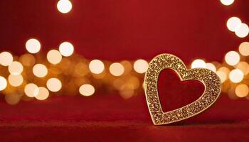 AI Generated Love, Heart, Celebration. heart on textured surface beneath, soft focus golden lights create bokeh in background. Celebration card or romantic events invitation. Valentine day photo