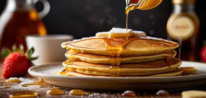 AI Generated Pancakes, butter, syrup. Stack of golden pancakes on white plate, melting butter on top, syrup pouring over, steam rising. photo