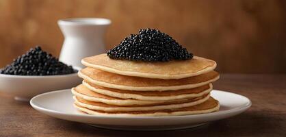 AI Generated Pancakes with caviar for breakfast highlight luxury morning meal. Golden stack of thin pancakes or blini topped with black caviar photo