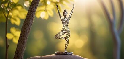 Woman in yoga pose, bent wire figure on nature backdrop, Creative figures symbol of yoga and harmony, art and serenity intersection. Female fitness yoga routine concept. Healthy lifestyle photo