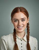 Redhead woman office portrait. Happy smiling lady with freckles and vibrant redhead braids portrait on workplace. photo