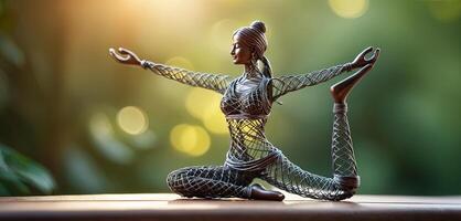 Woman in yoga pose, bent wire figure on nature backdrop, Creative figures symbol of yoga and harmony, art and serenity intersection. Female fitness yoga routine concept. Healthy lifestyle photo