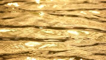 zon reflecterend Aan sprankelend zee meer water oppervlak, oceaan Bij zonsondergang, zonsopkomst. zonnestralen flikkeren in rimpelingen Aan water oppervlak. gouden glinsterende zee golven in zon. langzaam beweging. abstract nautische natuur video