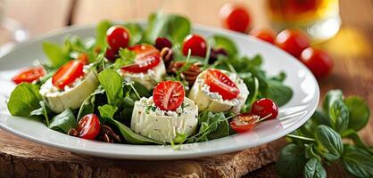 Goat cheese salad wit tomatoes on rustic wooden table. Fresh greens mingle with cheese, farm-to-table freshness of organic produce photo