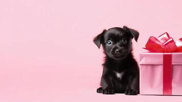 AI generated Banner with a black puppy sitting next to big pink gift box with red silk ribbon soft pink background. Copy space. Valentine Day concept photo
