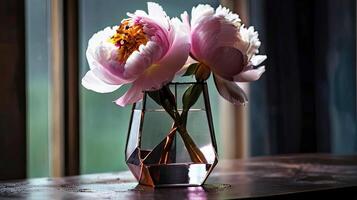 AI generated soft pink peonies inside glass vase with metallic rusted edges on wooden table, dark rough background. rustic charm, elegance and natural beauty in home decor or floral themed designs photo