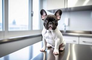 ai generado pequeño perrito francés buldog es sentado en inoxidable veterinario examen mesa en veterinario clínica gabinete con borroso fondo, gratis espacio para texto foto