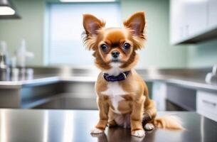 AI generated small dog is sitting on stainless veterinary exam table in vet clinic cabinet with blurred background, free space for text photo