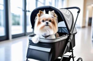 AI generated small dog is sitting in a pet stroller in corridor of veterinary clinic with big window on blurred background photo