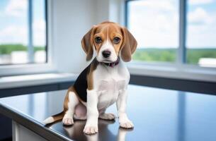 AI generated small puppy beagle dog is sitting on stainless veterinary exam table in vet clinic cabinet with blurred background, free space for text photo