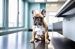 AI generated small puppy French bulldog is sitting on stainless veterinary exam table in vet clinic cabinet with blurred background, free space for text photo