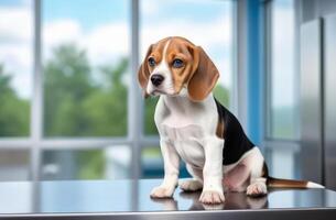 AI generated small puppy beagle dog is sitting on stainless veterinary exam table in vet clinic cabinet with blurred background, free space for text photo