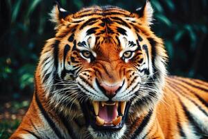 ai generado de cerca retrato de Tigre con amplio con dientes mueca mirando a cámara. exuda confianza y fuerza, fauna silvestre fotografía, con temas de animales diseños, fuerza y ferocidad en márketing campañas foto