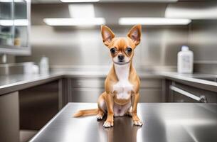 AI generated small dog is sitting on stainless veterinary exam table in vet clinic cabinet with blurred background, free space for text photo