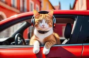 AI generated Fanny cute ginger cat listening music in headphones sitting in the red car, sunny spring day photo