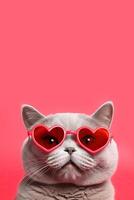 ai generado de cerca retrato de un gris británico cabello corto gato vistiendo en forma de corazon lentes en un rojo antecedentes. gracioso mascotas. enamorado día concepto. Copiar espacio vertical. foto