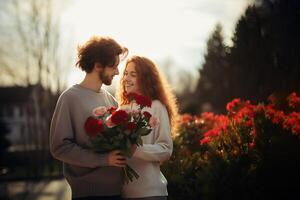 ai generado contento joven Pareja familia en beige ropa relajarse juntos soleado día afuera. hombre dando ramo de flores flores a mujer con largo rojo cabello. amar, tener una cita, relación concepto. enamorado día foto