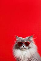 AI generated Closeup portrait of a big fluffy gray cat wearing heart shaped sunglasses on a red background. Valentine Day concept. Copy space vertical photo